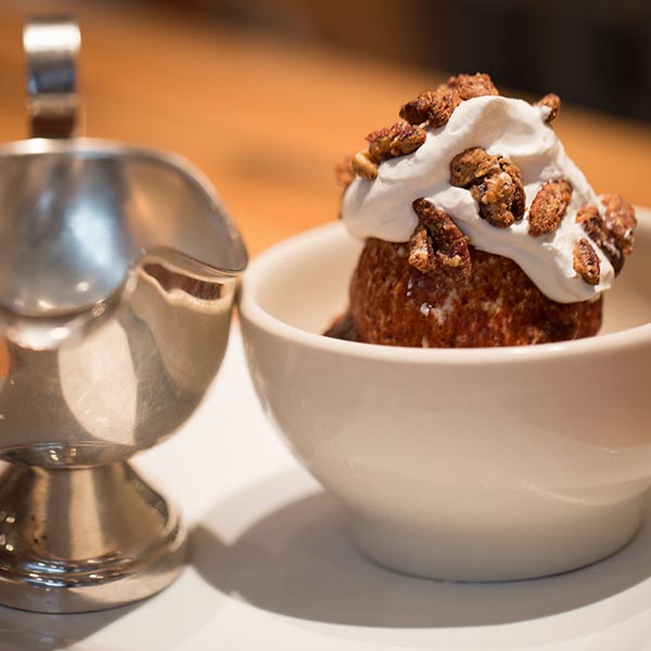 house-made hot fudge sundae with candied pecans